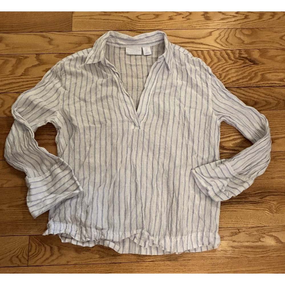 Martha Stewart 100% Linen Tunic Top Blue Striped Long Sleeve Split Neck Size S